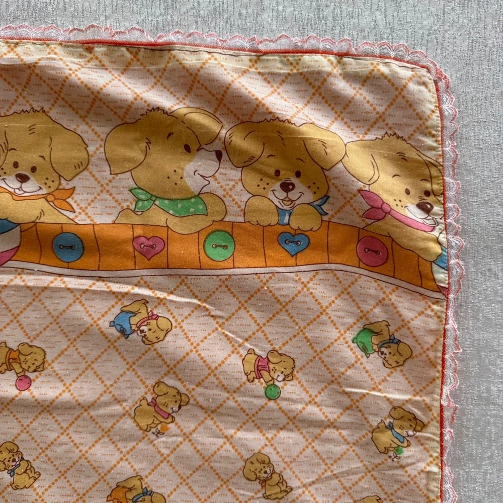 Vintage Puppy Dog Nursery Receiving Blanket Orange Lace Trim Retro 35x40